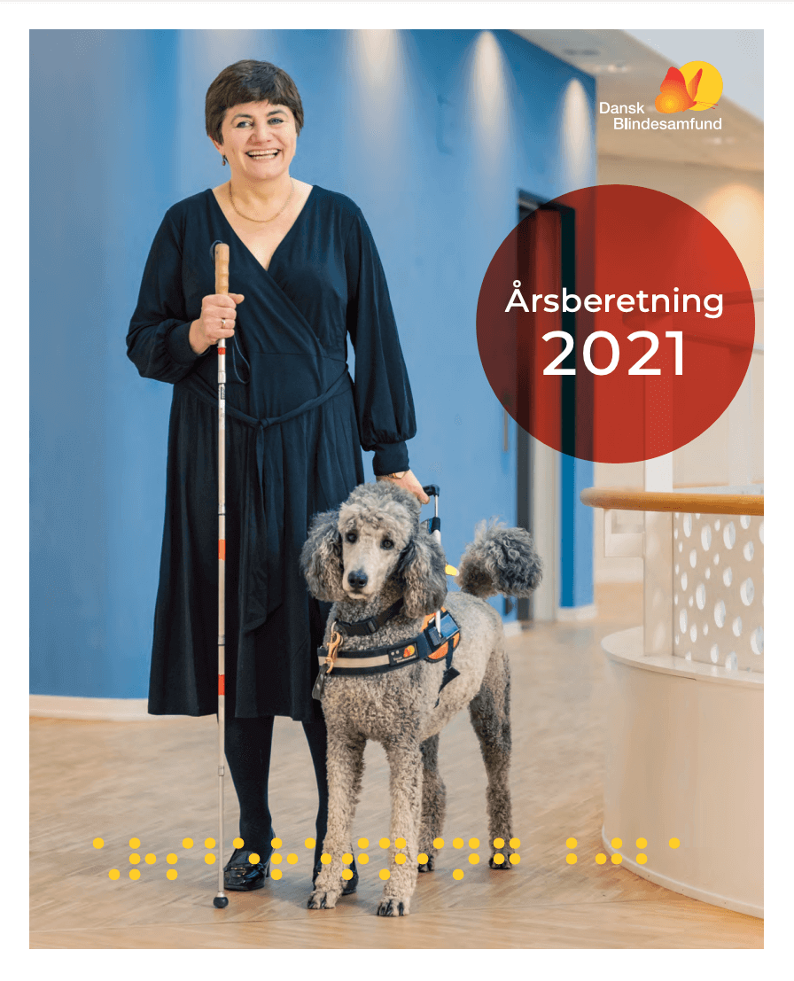 Forsiden af årsberetningen 2021. Kvinde med blindestok står på indenfor sammen med en førerhund foran en blå væg