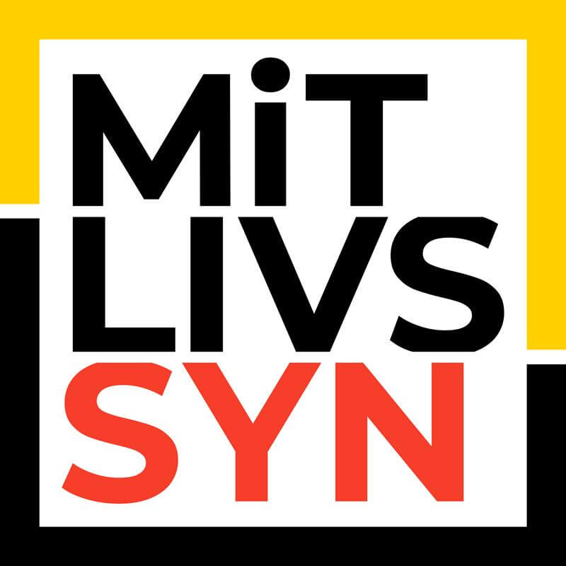 MitLivsSyn logo. Et halvt gult, halvt sort kvadrat med teksten "Mit livssyn" skrevet indeni.