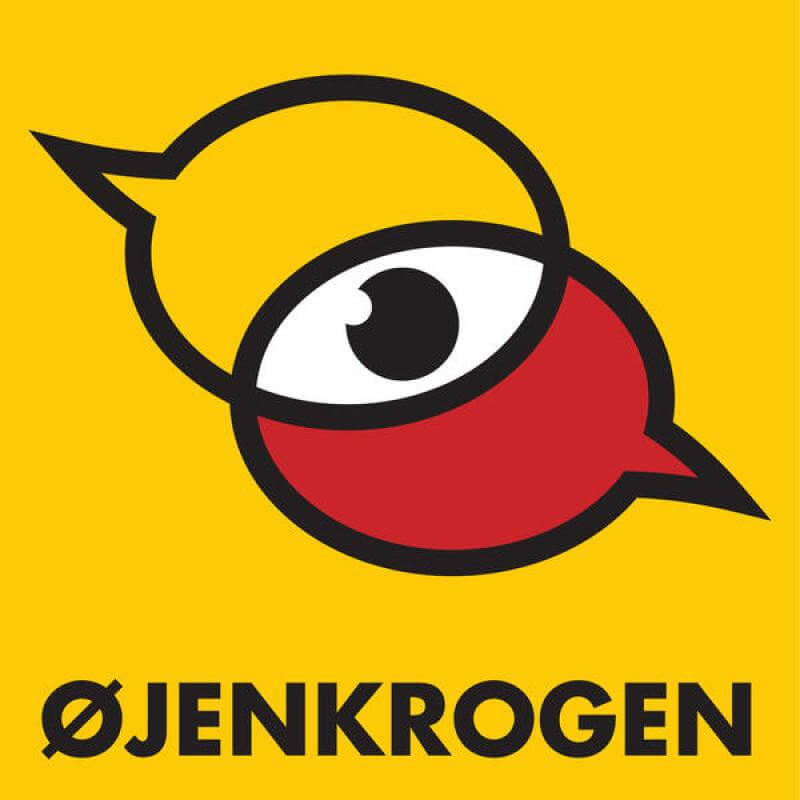 Øjenkrogen logo med to talebobler, en gul og en rød, der overlapper og danner et øje i midten. Tekst: Øjenkrogen