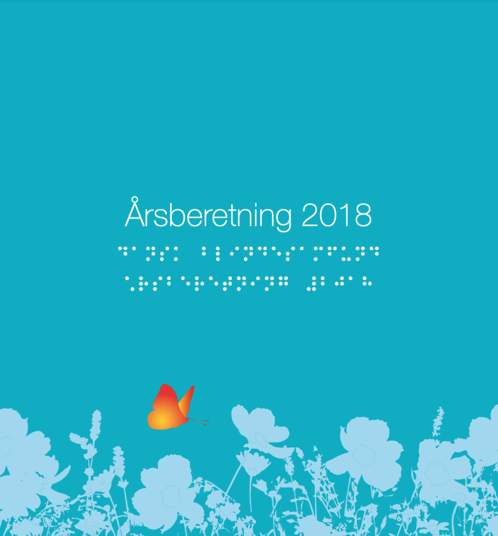 Forsiden af årsberetningen 2018, blå baggrund med logo og skrift samt punktskrift