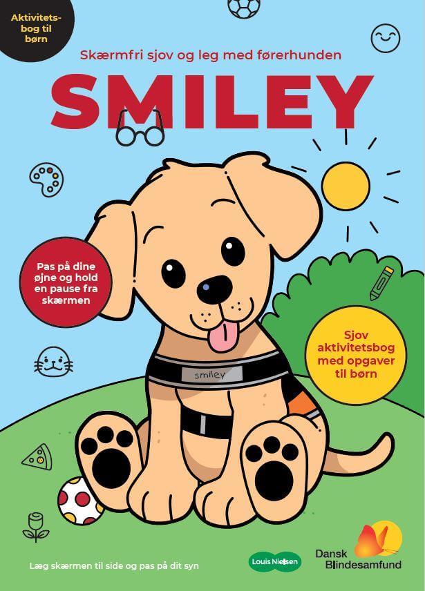 Forsiden af aktivitetshæftet for børn med førerhundehvalpen Smiley. Med logo