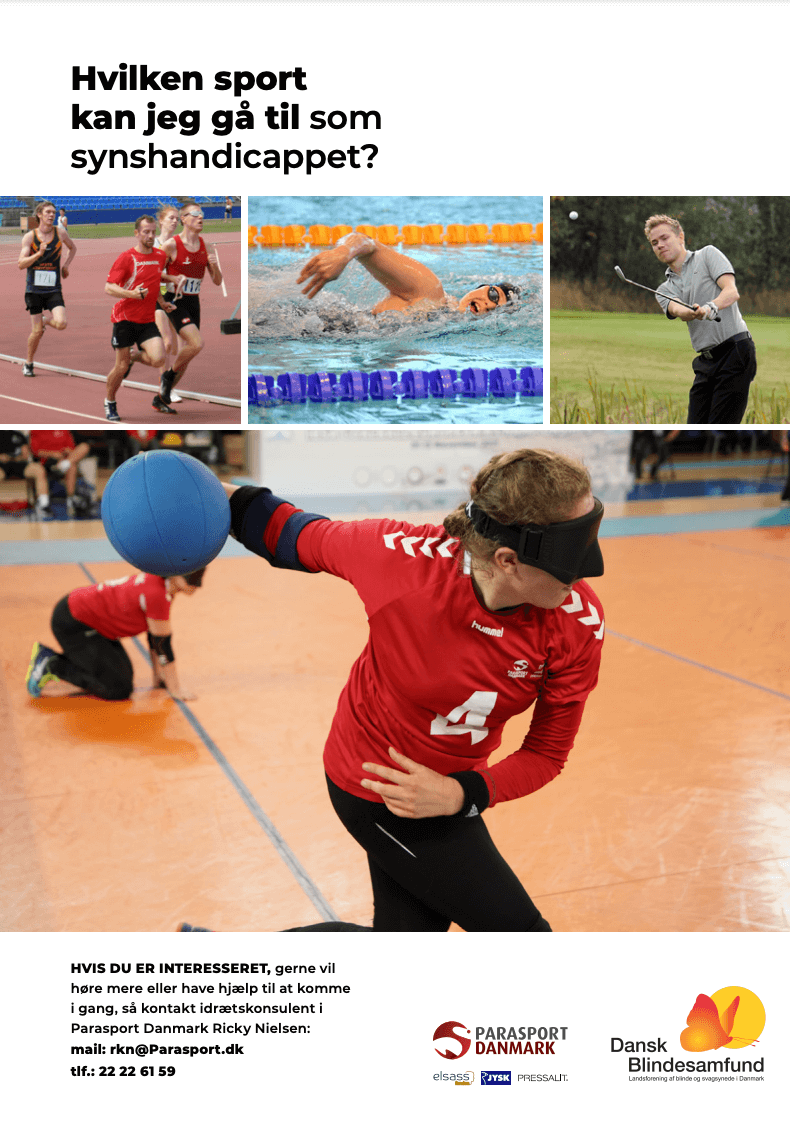Forside til brochuren om sport til blinde og svagsynede med collage af billeder af mennesker, der dyrker forskellige slags sport