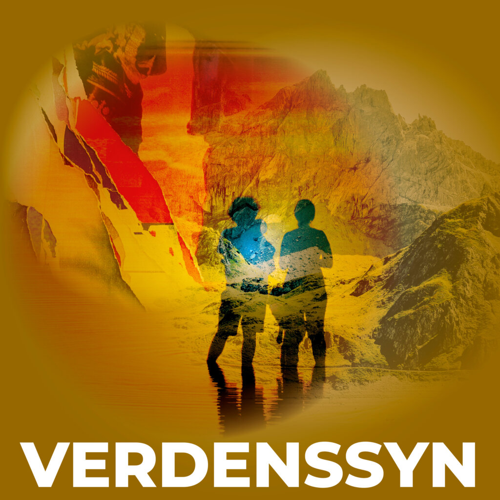 Logo til podcasten Verdenssyn, en collage med omridset af to mennesker, der står med fødderne i vand og et foto af bjerg-landskab