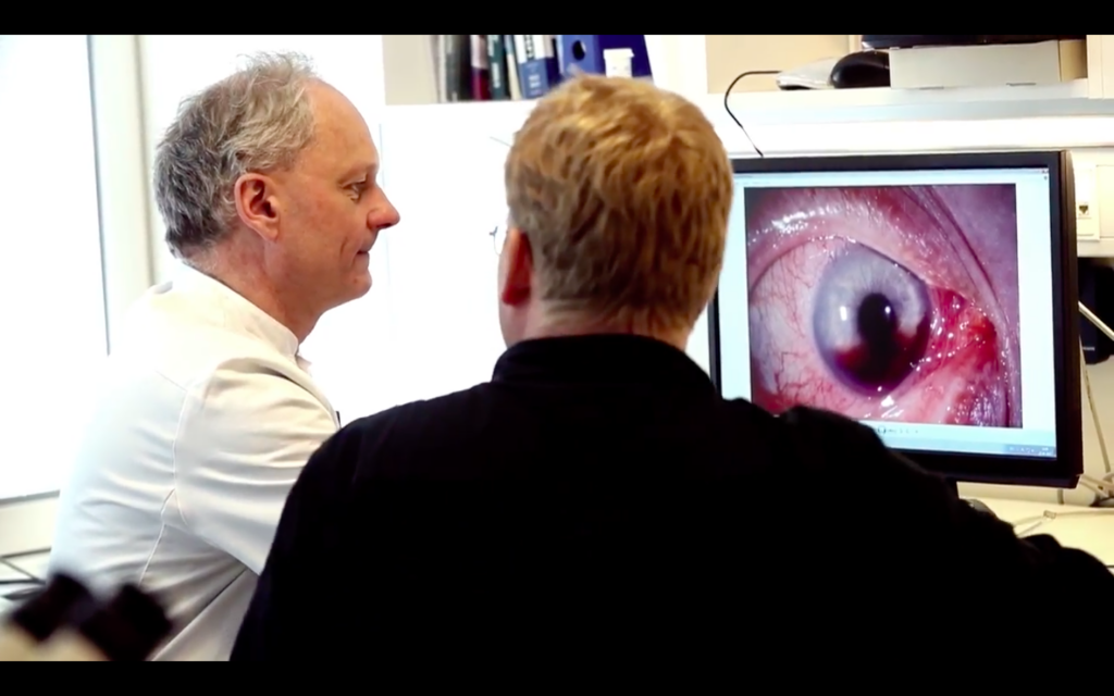 Professor Toke Bek og Sebastian klein ser på en computerskærm, der viser et beskadiget øje