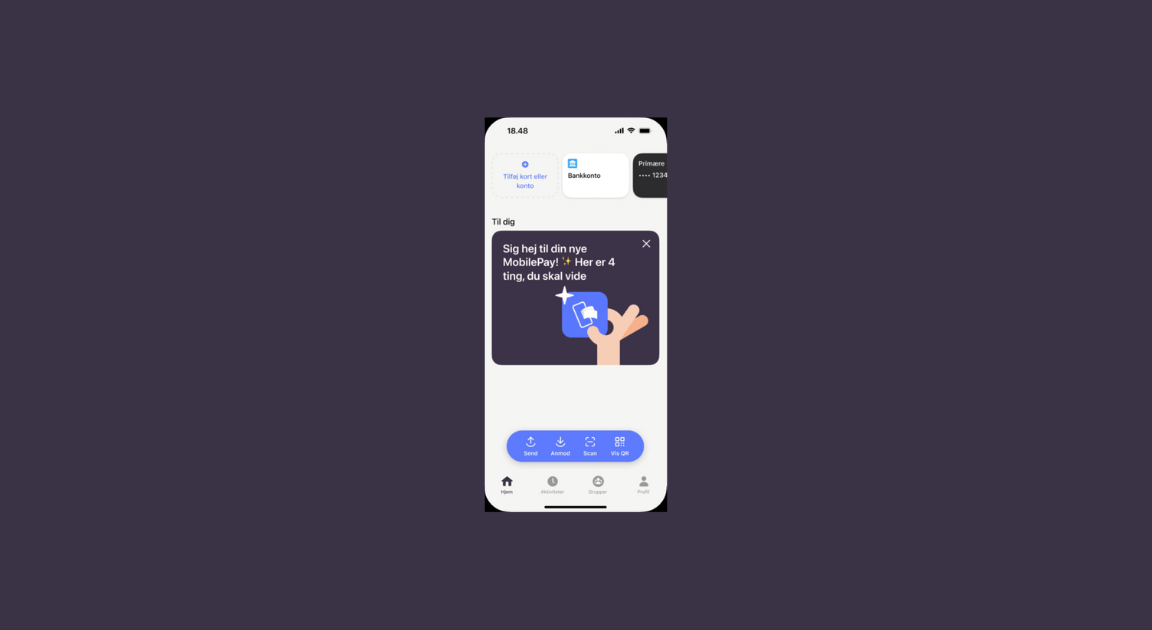 Ny startskærm i Mobilepay, hvor du kan vælge send, anmod, scan eller vis QR