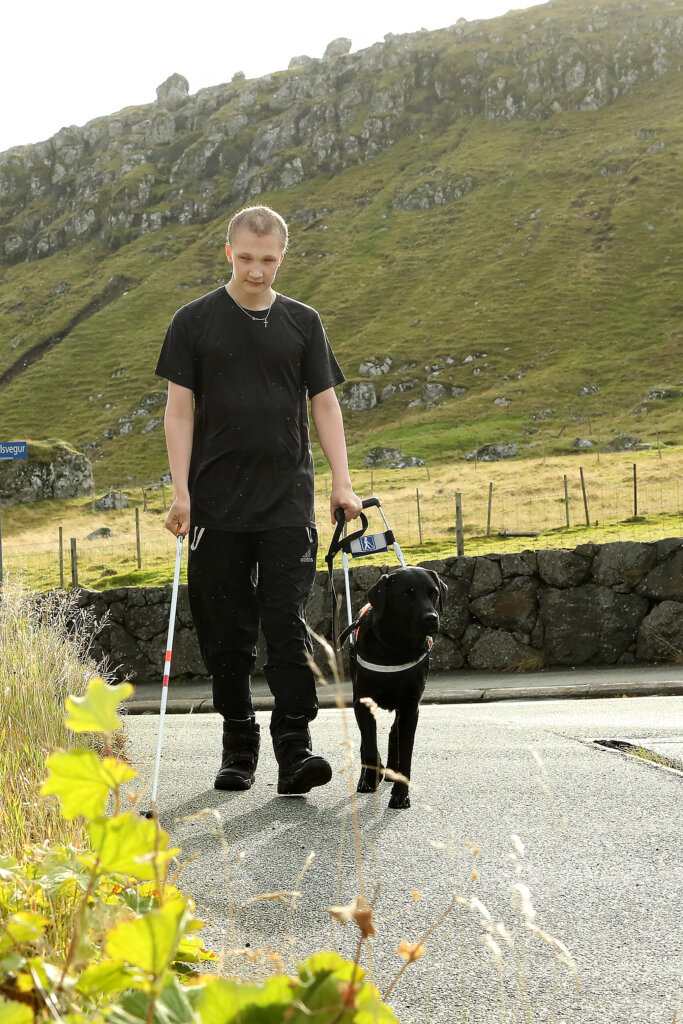 Andrias går med førerhunden Andy på fortovet, en sort labrador. I baggrunden ses grønne bjerge