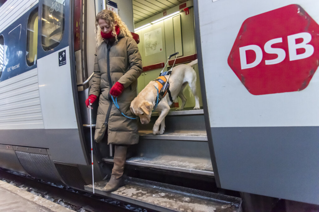Førerhundeinstruktøren Pia går ud ad et tog i følgeskab med førerhunden Pluto, en lys labrador