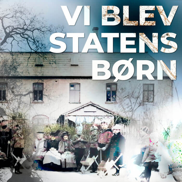 Logo for Vi blev statens børn. Det viser Refsnæsskolen i baggrunden og 11 børn i forskellige aldre. Det skal ligne et falmet billede, der har været gemt væk i mange år.