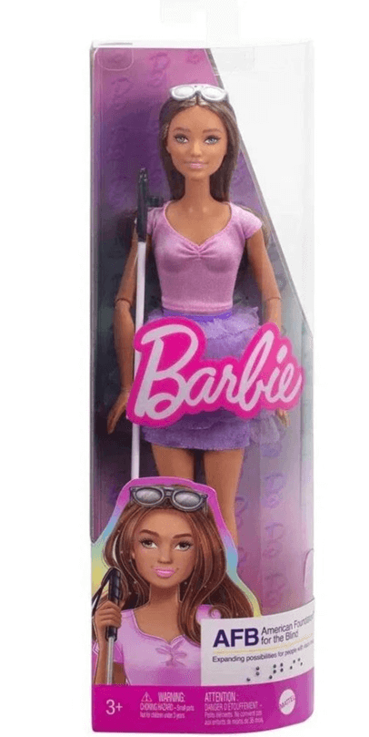 Barbie æske med den nye barbiedukke med solbriller og blindestok