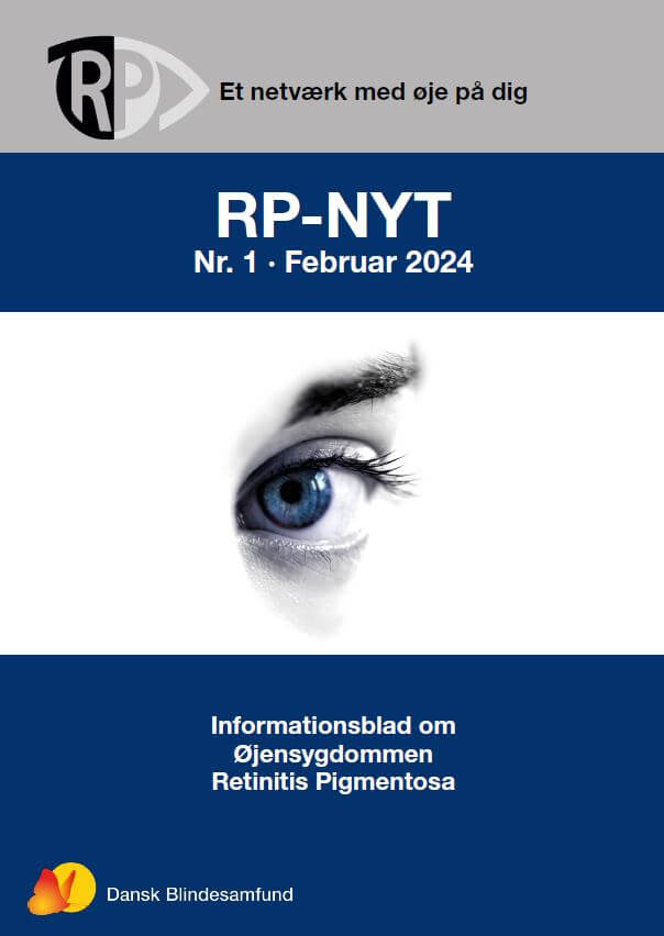 Forside af RP-Nyt forestillende et øje med blå pupil. Tekst: Informationsblad om øjensygdommen Retinitis Pigmentosa