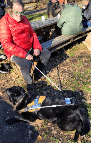 Henrik sidder på en bænk i en skov sammen med førerhunden Molly, som ligger på græsset iført førerhundebøjle, en sort labrador.