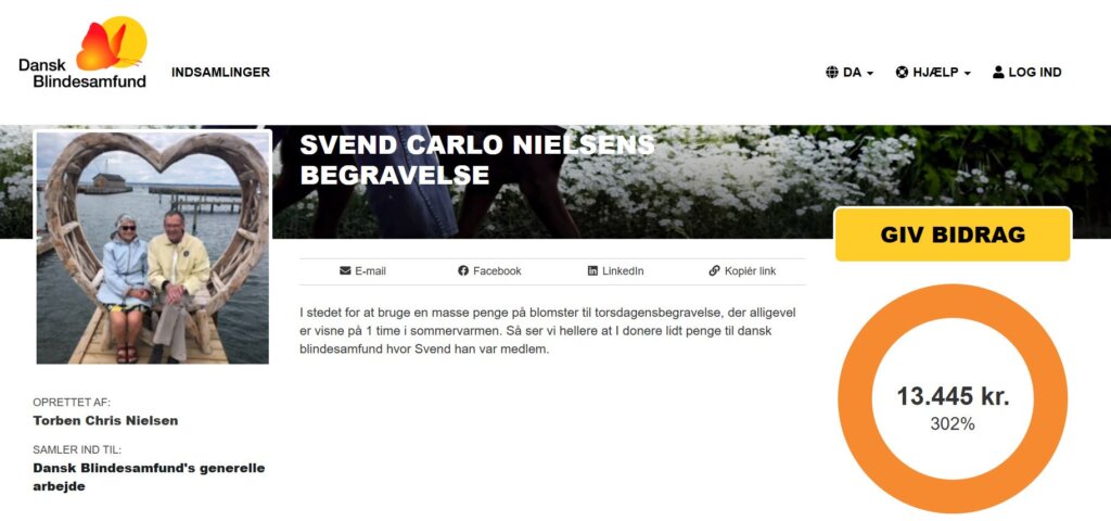Screenshot af side med mindeindsamlingen, hvor der er samlet 13.445 kr. ind