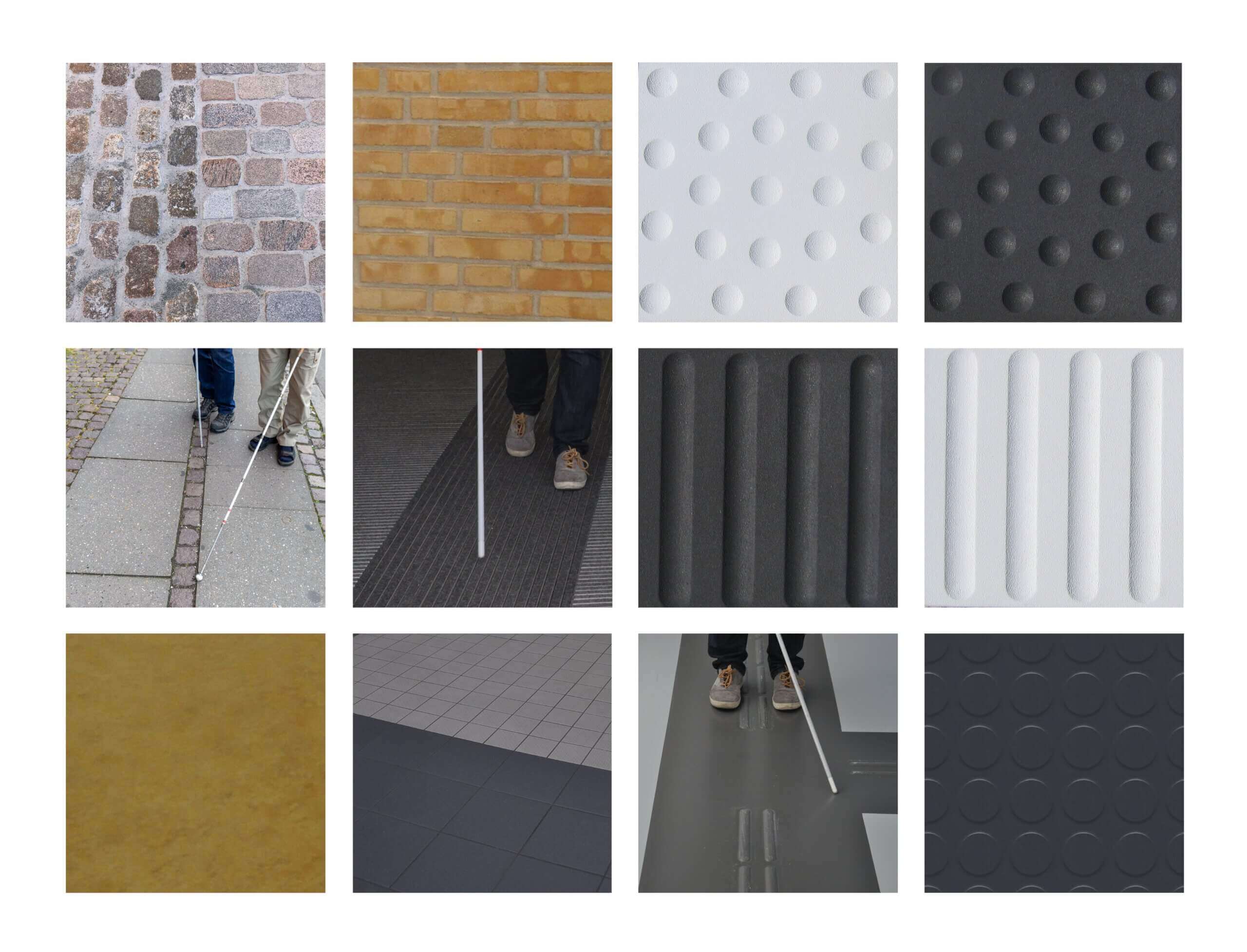 Collage af forskellige overflader og taktile bel&aelig;gninger &ndash; herunder brosten, mursten, opm&aelig;rksomhedsfelter med knopper og ledelinjer med riller &ndash; samt eksempler p&aring; personer, der orienterer sig med hvid stok. Illustrerer hvordan materialer og strukturer kan bruges til at skabe tilg&aelig;ngelige gangarealer for blinde og svagsynede.