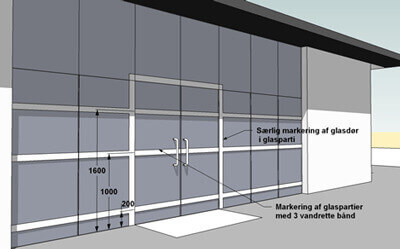 Markeret glasparti og glasdør, med markeringer i højde 1,6 m, 1,1 m og 0,2 m.