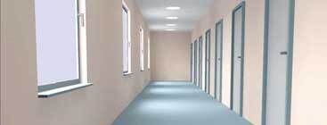 Illustration af døre, vægge, gulv og loft med forskellige farver og kontraster.