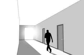 Illustration af vindue for enden af gang, der blænder den gående.