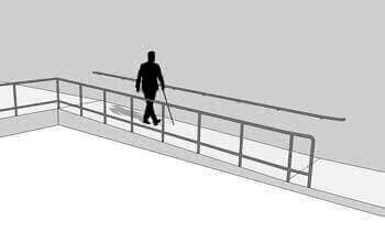 Illustration af indendørs rampe med håndlister.