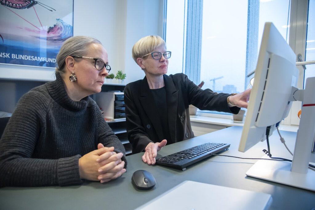 Helle sidder ved en coputer og peger p&aring; sk&aelig;rmen. Ved siden af sidder en kollega