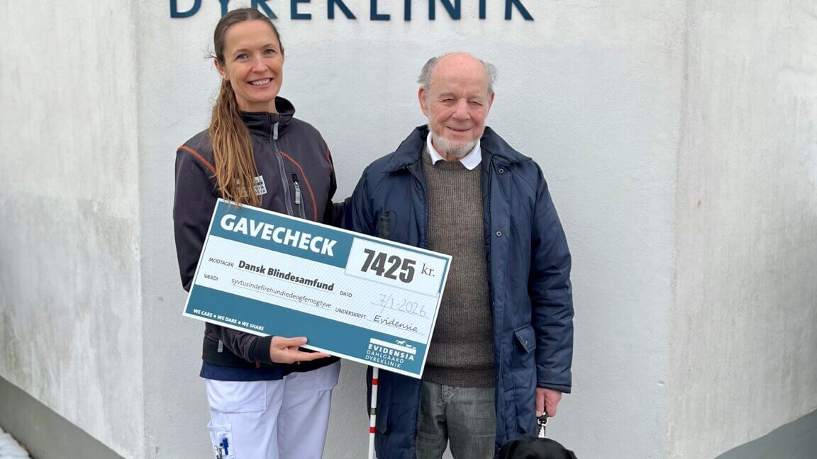 Maria og førerhundebrugeren Kurt står foran et skilt, hvor der står Evidensia Dahlgaard Dyreklinik. Maria overrækker et diplom til kurt. Ved siden af sidder førerhunden Jolly, en sort labrador med førerhundebøjle