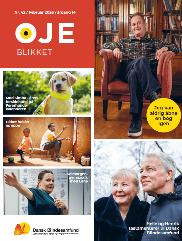 Forside af Øjeblikket nr. 42. Mød Simba - årets forsidehund på førerhundekalenderen. Håbet holder os oppe. Go' morgen gymnastik med Lene. Knud Romer: Jeg kan aldrig åbne en bog igen. Helle og Henrik testamenterer til Dansk Blindesamfund