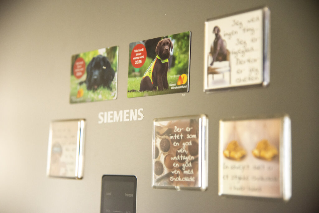 Magneter fra Dansk Blindesamfund "Tak, fordi du er vores ven" h&aelig;nger p&aring; k&oslash;leskabet