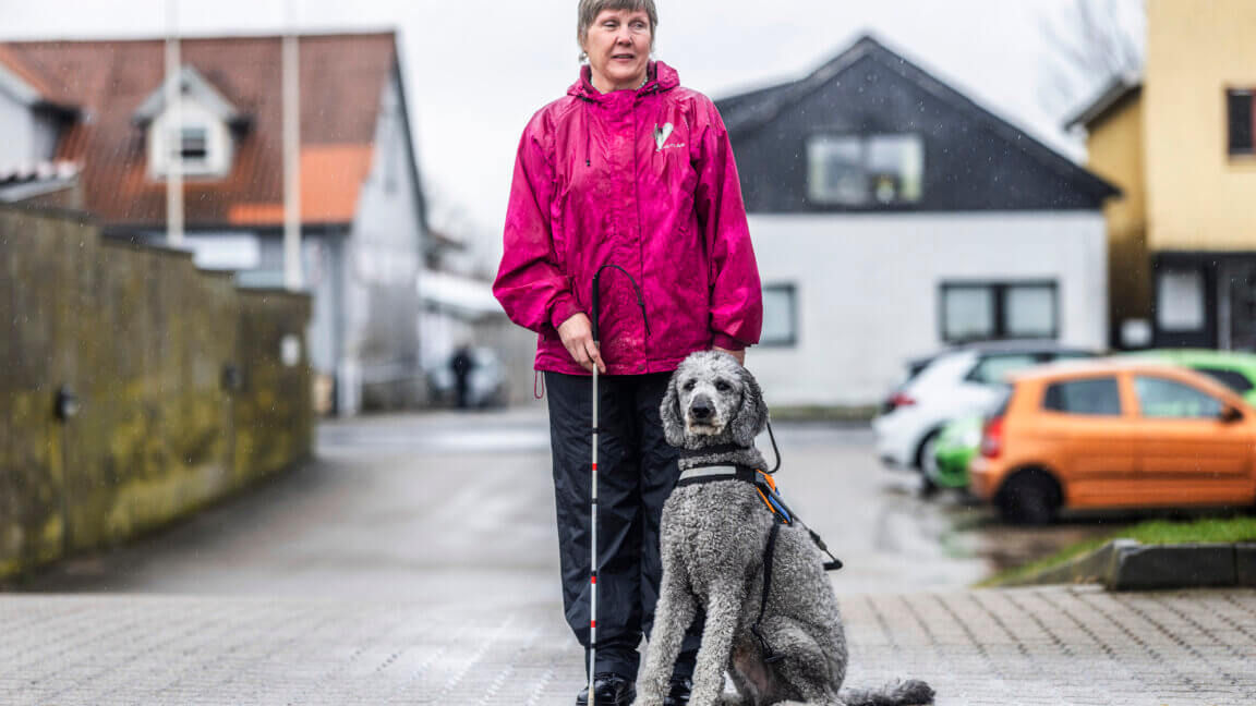 Anja står ude foran deres hjem med førerhunden Silver, en lysegrå storpuddel med førerhundebøjle