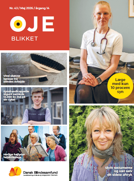 Forside af Øjeblikket nr. 43. Vind skønne børster fra Blindes Arbejde. Synshandicappede Sigurd samlede 12.000 kr. ind på sin cykel. Herlige højlydte højskoledage. Læge med kun 10 procent syn. Skriv testamente og sæt selv dit sidste aftryk
