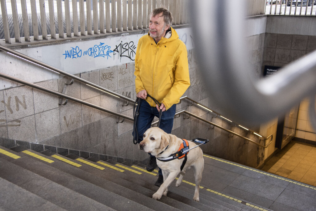 Michael og førerhunden Pluto, en lys labrador med førerhundebøjle, går op af trapperne på Nørreport station
