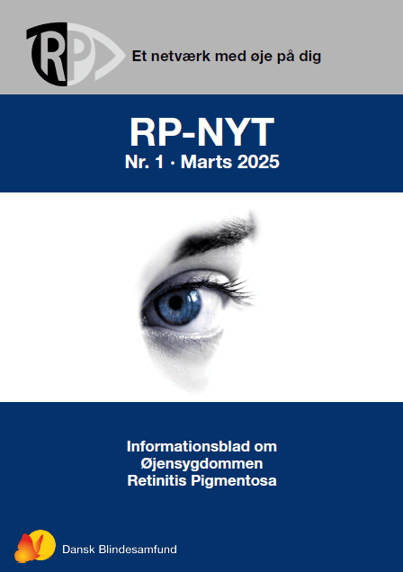 Forside af RP-NYT med et blåt øje. Tekst: RP: et netværk med øje på dig. RP_NYT nr. 1, marts 2025. Informationsblad om øjensygdommen Retinitis Pigmentosa